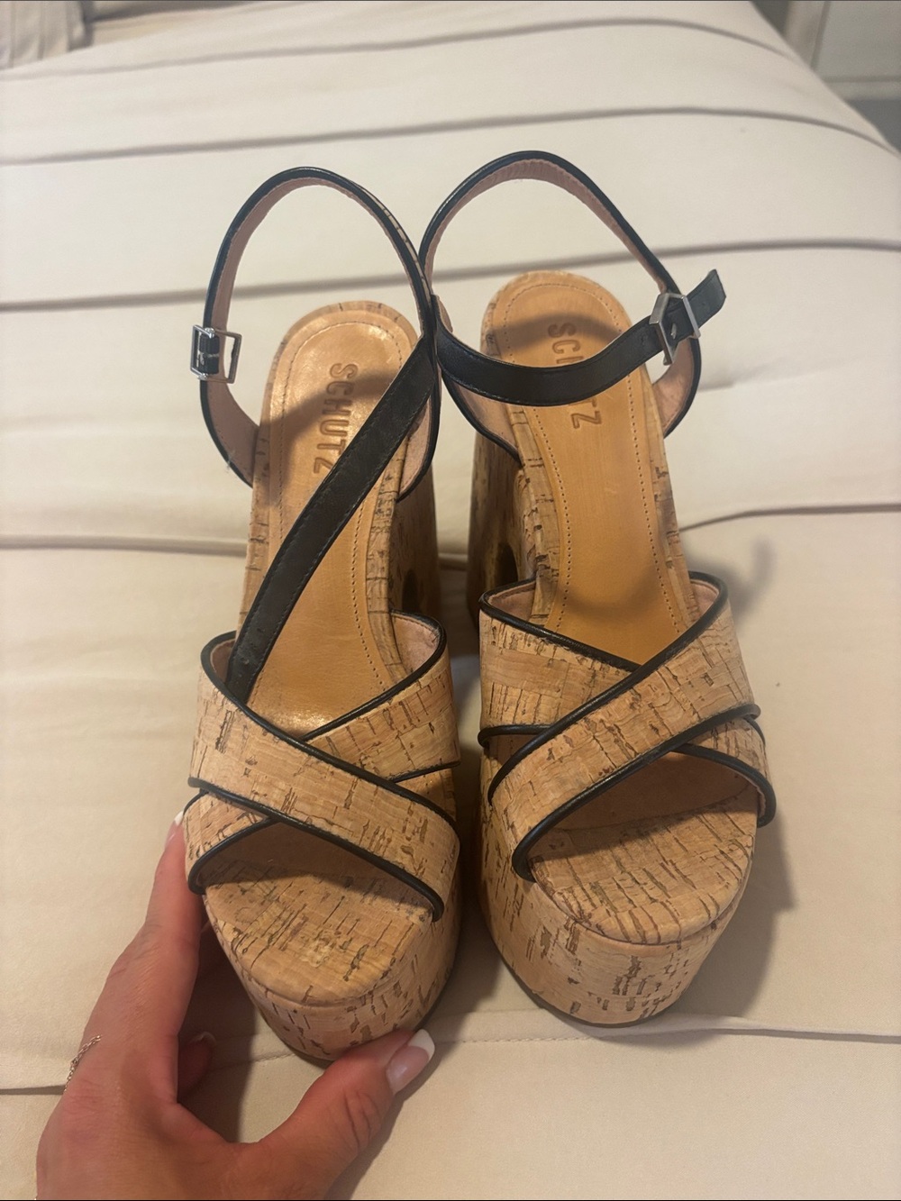 SCHUTZ Cork Platform Sandals in Natural and Black
